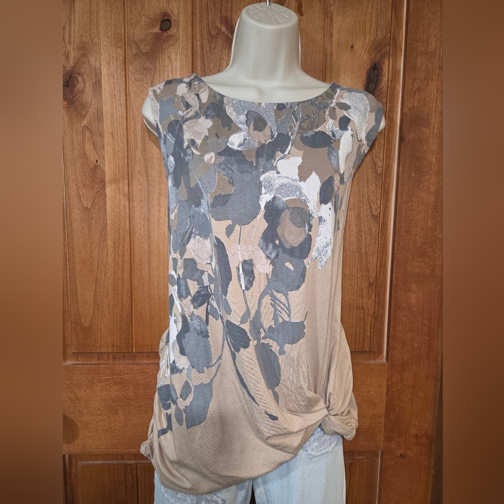 Coldwater Creek Taupe Floral Print Cap Sleeve Top
